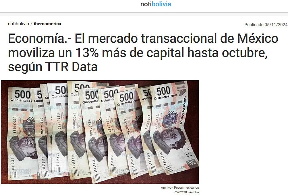 Economa.- El mercado transaccional de Mxico moviliza un 13% ms de capital hasta octubre, segn TTR Data